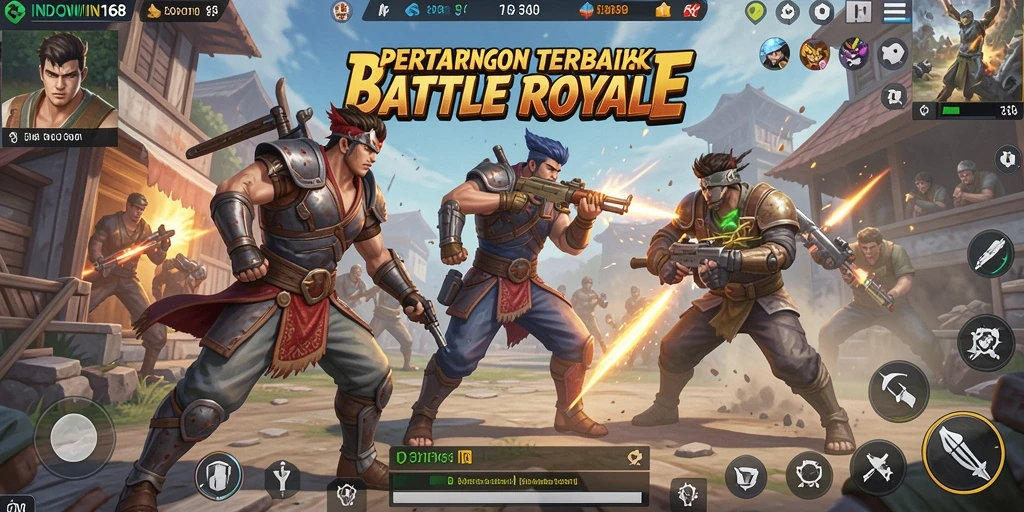 Screenshot utama INDOWIN168 menampilkan aksi pertarungan intens dalam Battle Royale.
