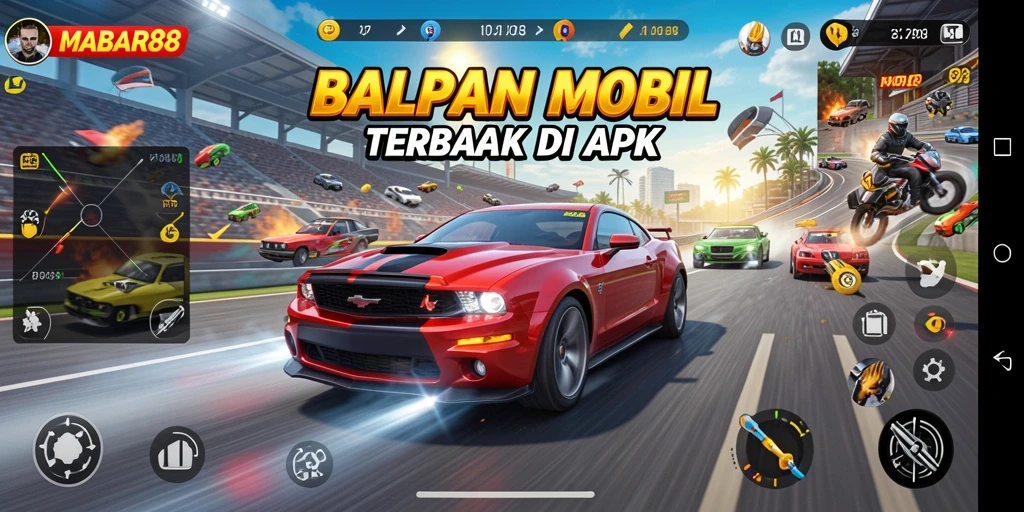 Screenshot gameplay MABAR88 menampilkan balapan seru di trek penuh tantangan.