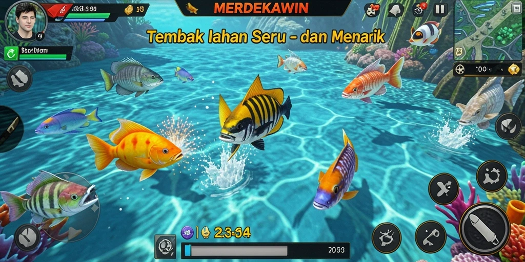 Tampilan gameplay menarik dari MERDEKAWIN dengan aksi menembak ikan.