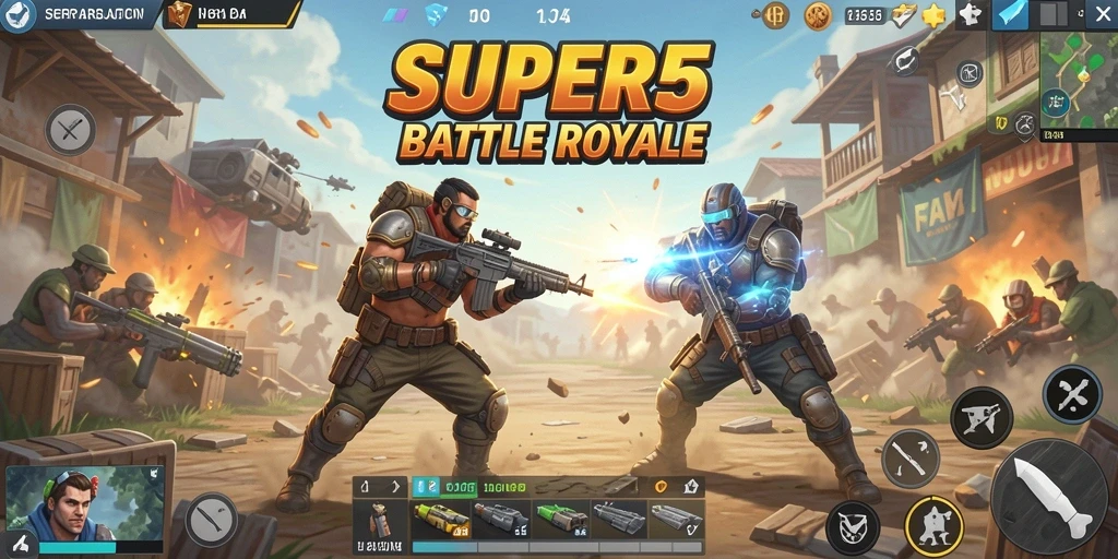 Tampilan gameplay seru dalam SUPER5, memperlihatkan aksi pertarungan Battle Royale.