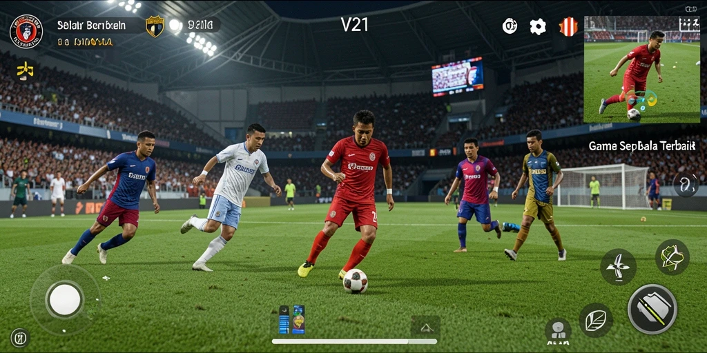 Gameplay seru V21 menampilkan aksi sepak bola yang mendebarkan.